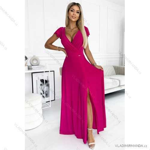 411-5 CRYSTAL langes schimmerndes Kleid mit Ausschnitt - fuchsia