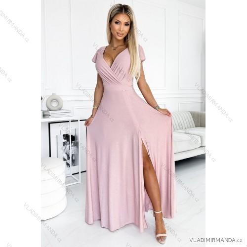 411-6 CRYSTAL langes schimmerndes Kleid mit Ausschnitt - dirty pink