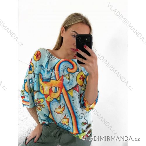 Übergroßer Pullover dünn mit Aufdruck Langarm Damen Übergröße (L/XL/2XL ONE SIZE) ITALIAN FASHION IMB23CAT