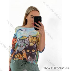 Übergroßer, schmaler, bedruckter Langarm-Damenpullover in Übergröße (L/XL/2XL Einheitsgröße) ITALIAN FASHION IMB23KITTEN