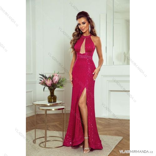 Langes, elegantes Damenkleid mit breiten Trägern (SL) FRENCH FASHION FMPEL23VELVET Fuchsie 40