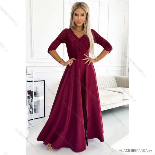 309-9 AMBER elegantes langes Maxikleid mit Spitzenausschnitt – Burgunderrot