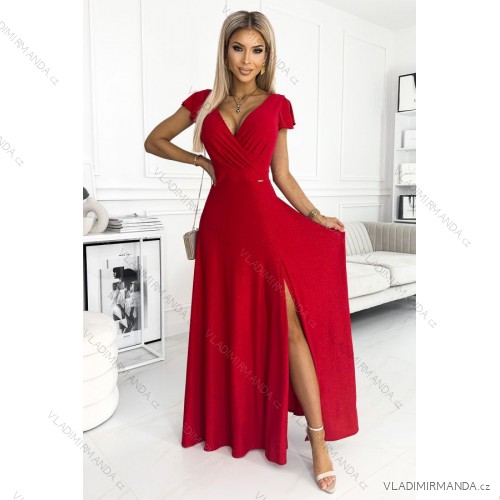 411-2 CRYSTAL langes schimmerndes Kleid mit Ausschnitt - rot rot S