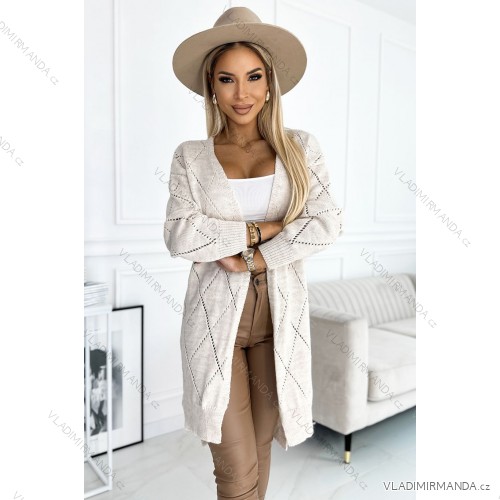 486-2 Cardigan – Pullover-Cape mit längerem Rücken aus durchbrochenen Rauten – Beige