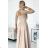 309-10 AMBER Spitze, elegantes langes Kleid mit Ausschnitt und Beinschlitz – Beige