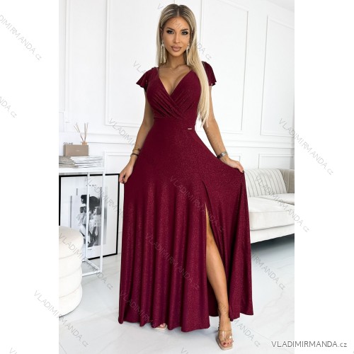 411-8 CRYSTAL langes schimmerndes Kleid mit Ausschnitt – Farbe Burgund