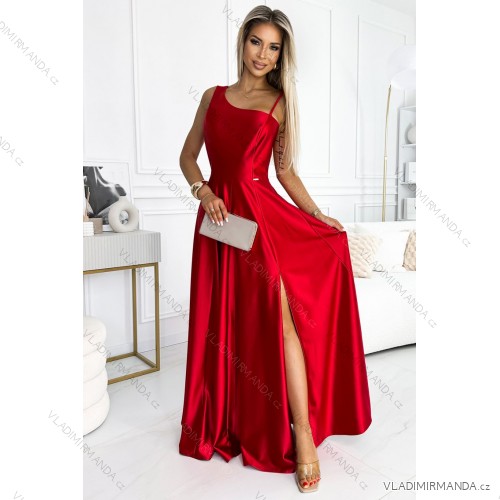 524-1 Langes, elegantes One-Shoulder-Kleid aus Satin – Rot