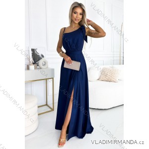 528-1 Langes, glänzendes One-Shoulder-Kleid mit Schleife – Marineblau