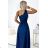 528-1 Langes, glänzendes One-Shoulder-Kleid mit Schleife – Marineblau