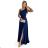 528-1 Langes, glänzendes One-Shoulder-Kleid mit Schleife – Marineblau