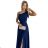 528-1 Langes, glänzendes One-Shoulder-Kleid mit Schleife – Marineblau