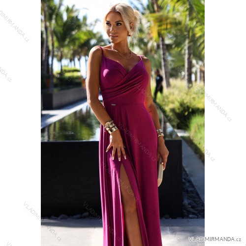 299-19 CHIARA elegantes langes Maxikleid mit Trägern - fuchsia mit Glitzer