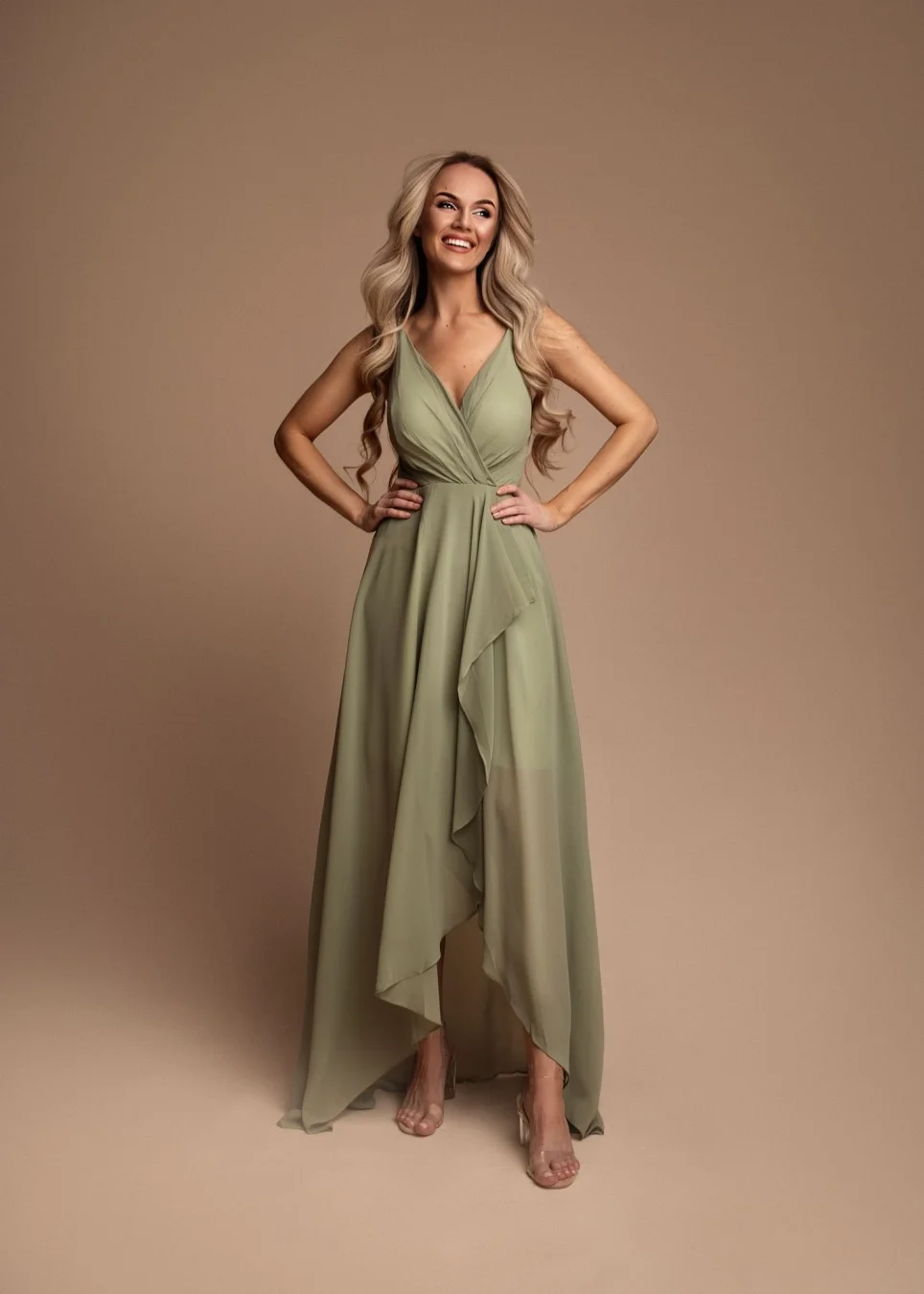 Langes, elegantes, trägerloses Partykleid für Damen (SL) FRENCH FASHION FMPEL23CONSTANCE -   zelená khaki -   S