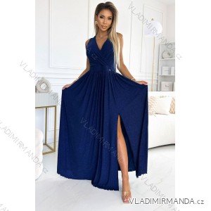 362-9 JUSTINE Langes Kleid mit Ausschnitt und Bindeband hinten - marineblau mit Glitzer