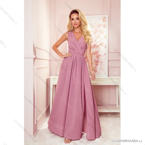 362-1 JUSTINE Langes Kleid mit Ausschnitt und Krawatte - Puderrosa mit Glitzer -   Rose alte Rose -   S