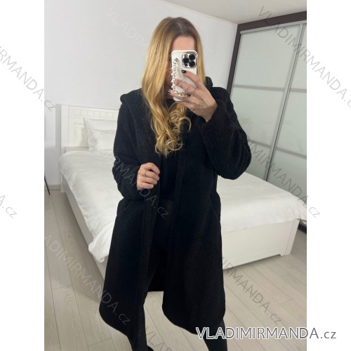 Kabát beránkový s kapucí dlouhý rukáv dámský (S/M/L ONE SIZE) ITALSKÁ MÓDA IMWDD24257 -   schwarz -   S/M/L