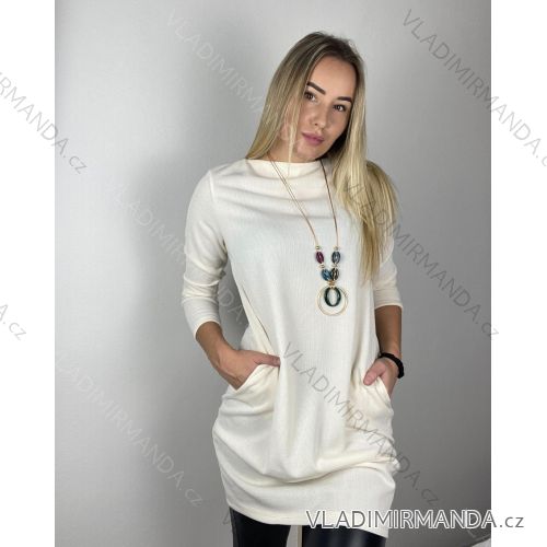 Šaty elegantní dlouhý rukáv dámské (S/M ONE SIZE) ITALSKÁ MÓDA IMM22SARA S / M béžová krémová