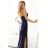 483-6 DIANE satin long dress with leg slit - navy blue color