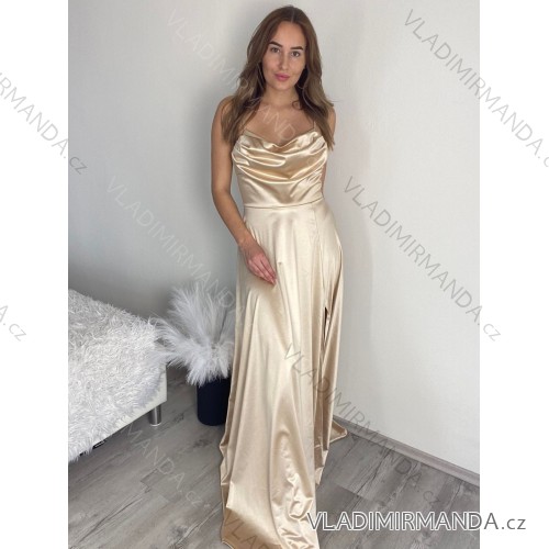 Langes elegantes trägerloses Satinkleid für Damen (S/M/L EINHEITSGRÖSSE) ITALIAN FASHION IMPBB24B24737/DUR beige S/M/L