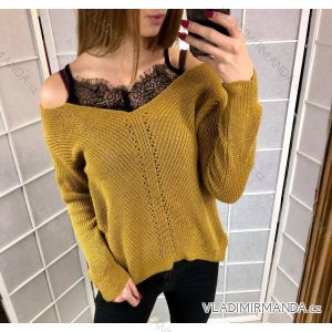 Pullover Damen gestrickt mit Spitze (uni sl) ITALIENISCHE MODA IM9181059
