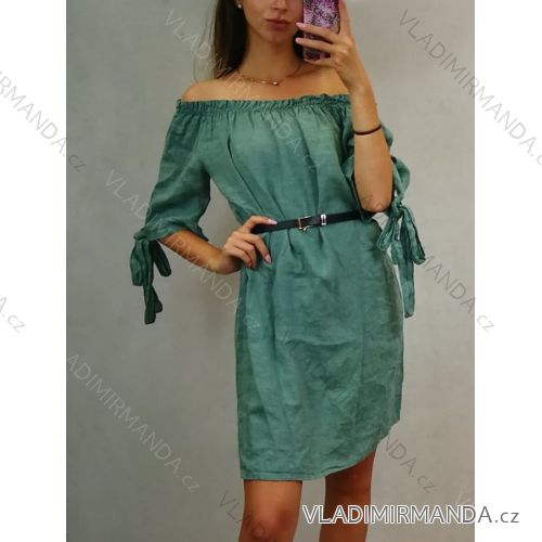 Leinen Sommer Kurzarm Leinen Kleid (uni s / m) ITALIENISCHE MODE IM519435
