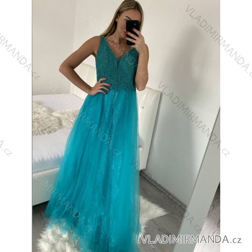 Langes, geselliges, elegantes, trägerloses Sommerkleid für Damen (M/L, L/XL) ITALIAN FASHION IMPSH22260019/DU Türkis