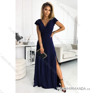 411-3 CRYSTAL langes schimmerndes Kleid mit Ausschnitt - marineblau